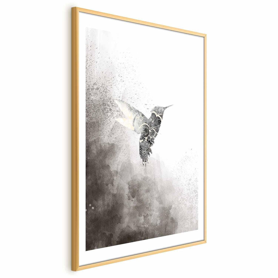 Poster - Ethnic Hummingbird with intricate design in a gold frame.