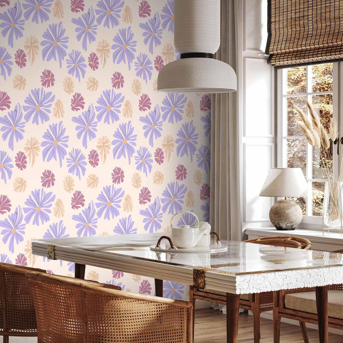 Tapete - Floating Flowers - Tiny - wind-borne flowers in three colors - on a light background