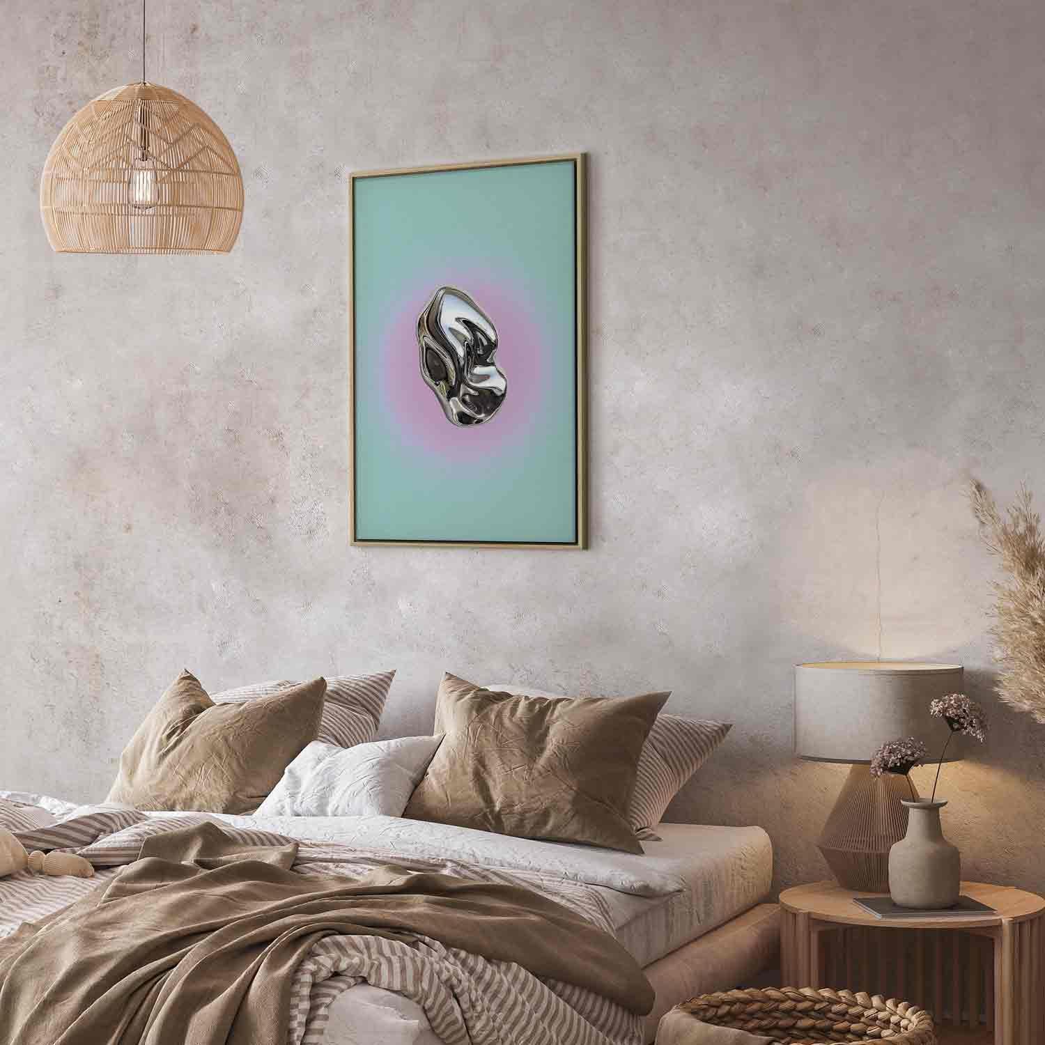 Leinwandbild - Metallic Form - Abstract Sculpture on a Mint Background with a Purple Halo Artgeist