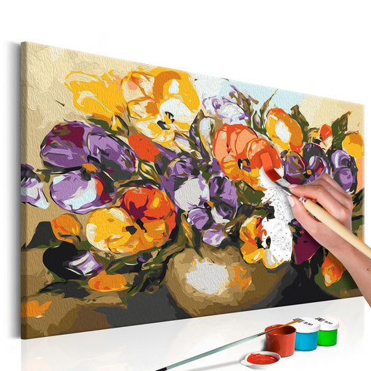Wandbild zum Ausmalen - Vase von Stiefmütterchen, farbenfrohes DIY Malen-nach-Zahlen Set
