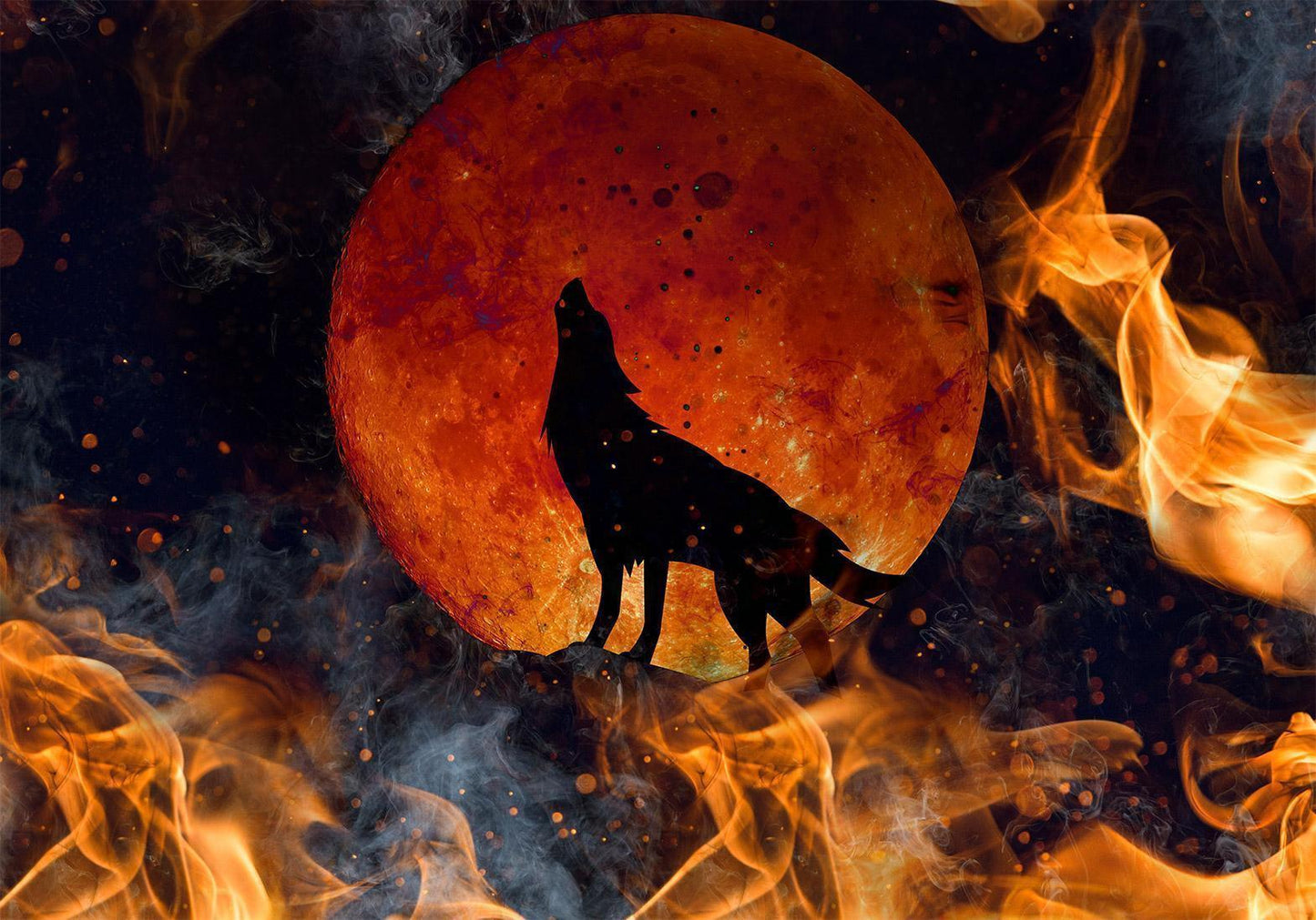 Fototapete - Wild nature - wolf on a background of a red moon in flames of fire Artgeist