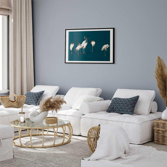 Poster - Evening at the Pond - group of cranes drawn in dry pastel on a dark turquoise background Artgeist