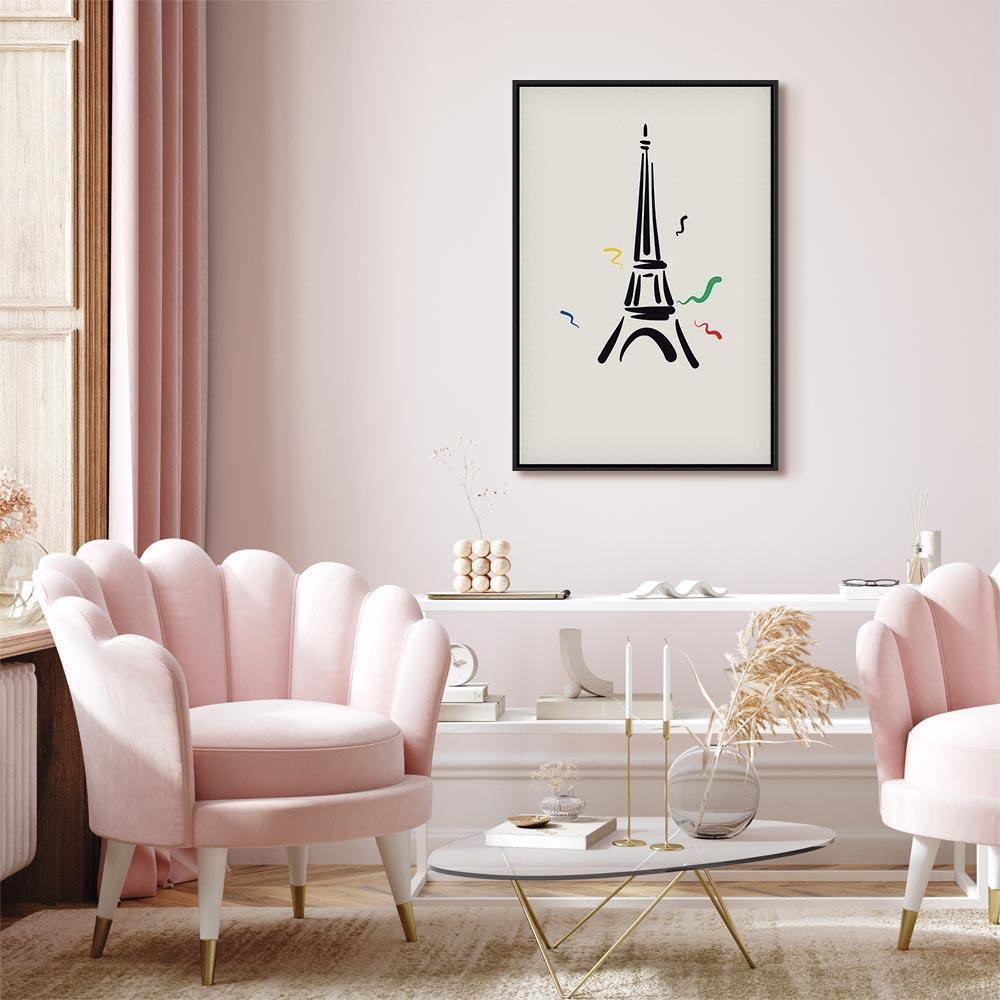 Leinwandbild - Black Graphic Drawing of the Eiffel Tower on a Cream Background