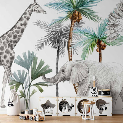 Fototapete - Jungle Animals Wallpaper for Children's Room in Cartoon Style Artgeist
