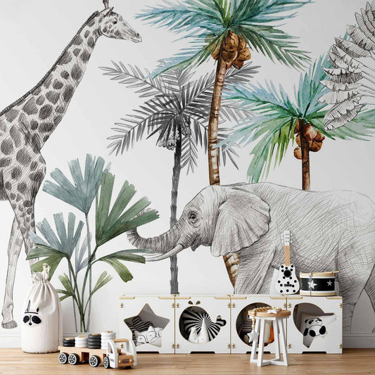 Fototapete - Jungle Animals Wallpaper for Children's Room in Cartoon Style Artgeist