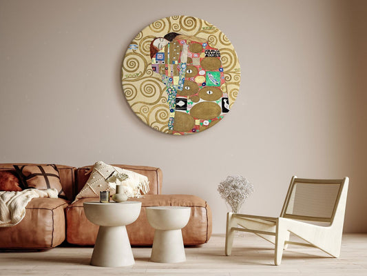 Rundes Bild - The Fulfillment of Gustav Klimt - An Abstract Portrait of a Couple in an Embrace Artgeist
