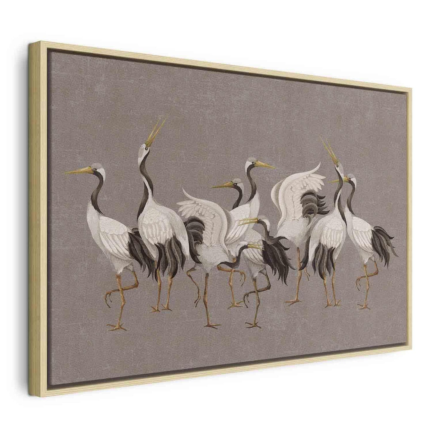 Leinwandbild - Crane dance – bright silhouettes of birds against a warm grey background with texture