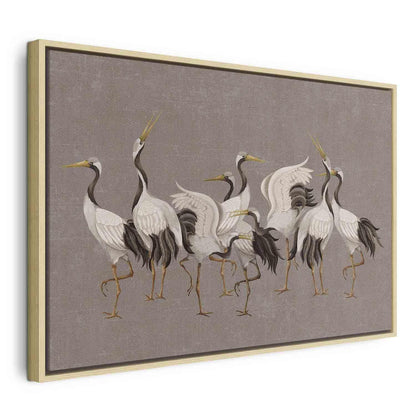 Leinwandbild - Crane dance – bright silhouettes of birds against a warm grey background with texture