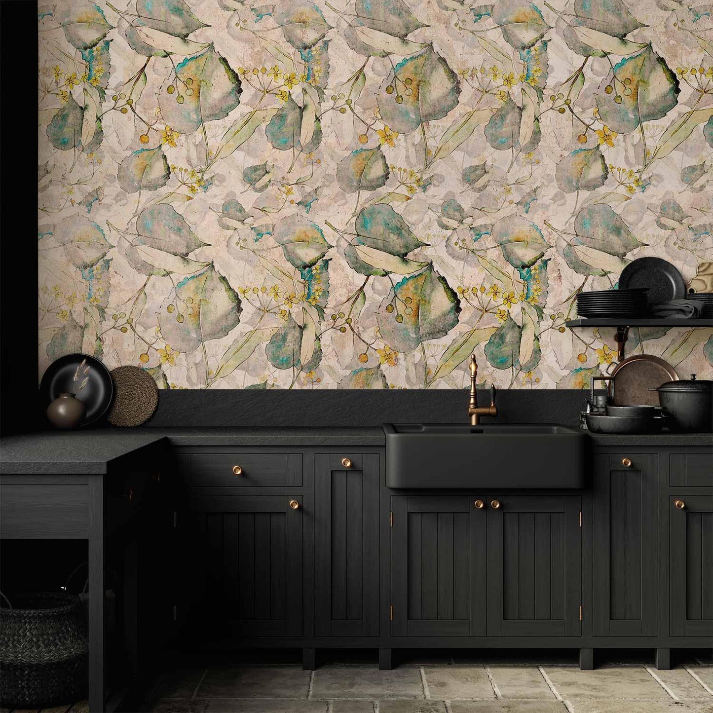 Fototapete - Green and yellow autumn souvenirs - floral design with leaves