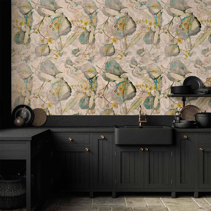 Fototapete - Green and yellow autumn souvenirs - floral design with leaves