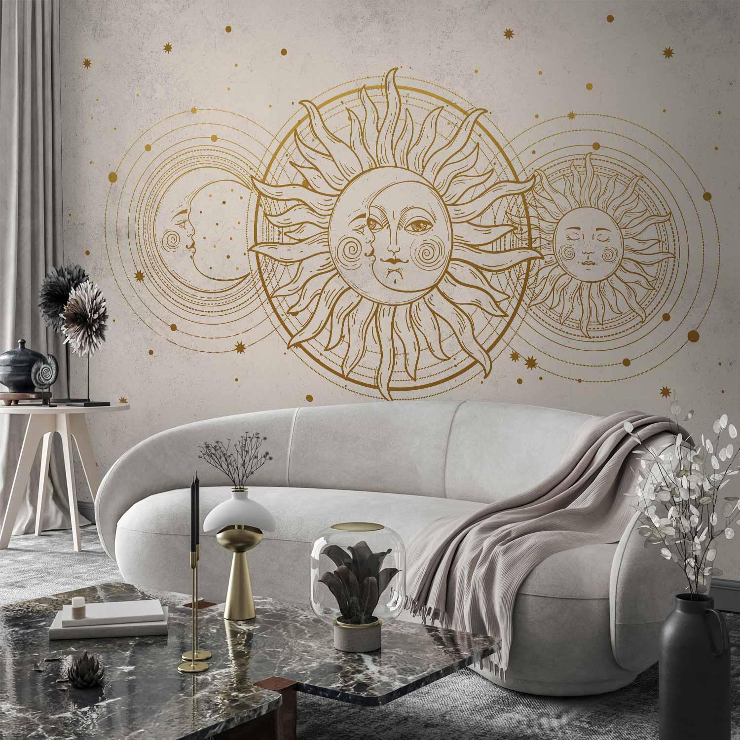 Fototapete - Golden Sun and Moon - Artistic Illustration in Retro Style Artgeist
