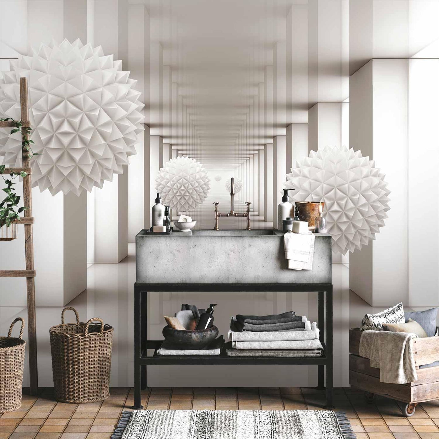 Fototapete Tor zur Zukunft – Futuristischer 3D-Tunnel in Weiß