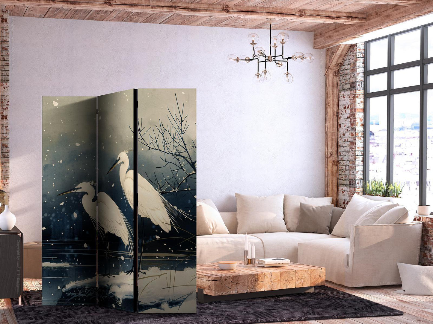 Paravent - Herons over a winter pond - Japanese-style illustration in dark colours