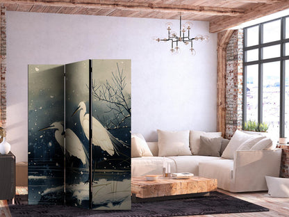 Paravent - Herons over a winter pond - Japanese-style illustration in dark colours