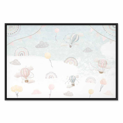 Leinwandbild - Sky with Balloons - Balloons in Subdued Colors Flying in the Sky Among Clouds Rainbows and Stars