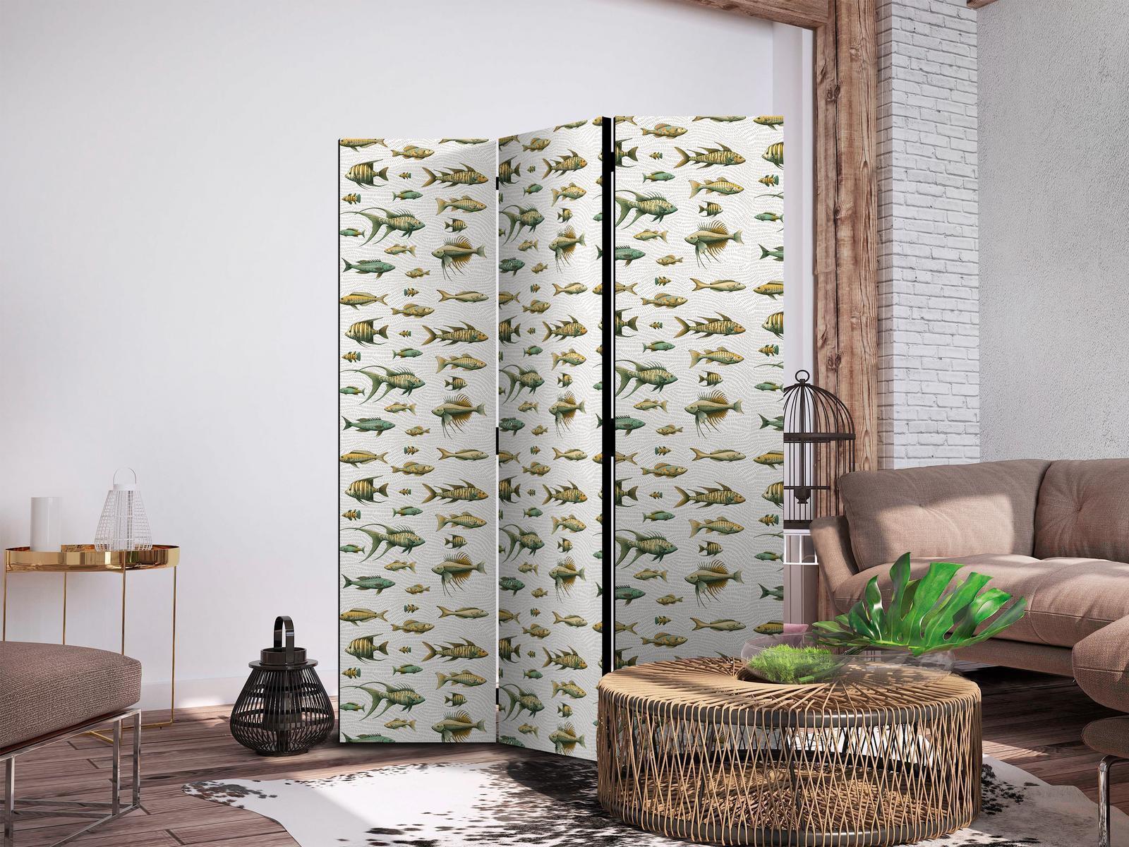 Paravent - Unusual Species of Fish - A Cluster of Fish in Muted Colors in Retro Style on a Background of Beige Strokes Artgeist