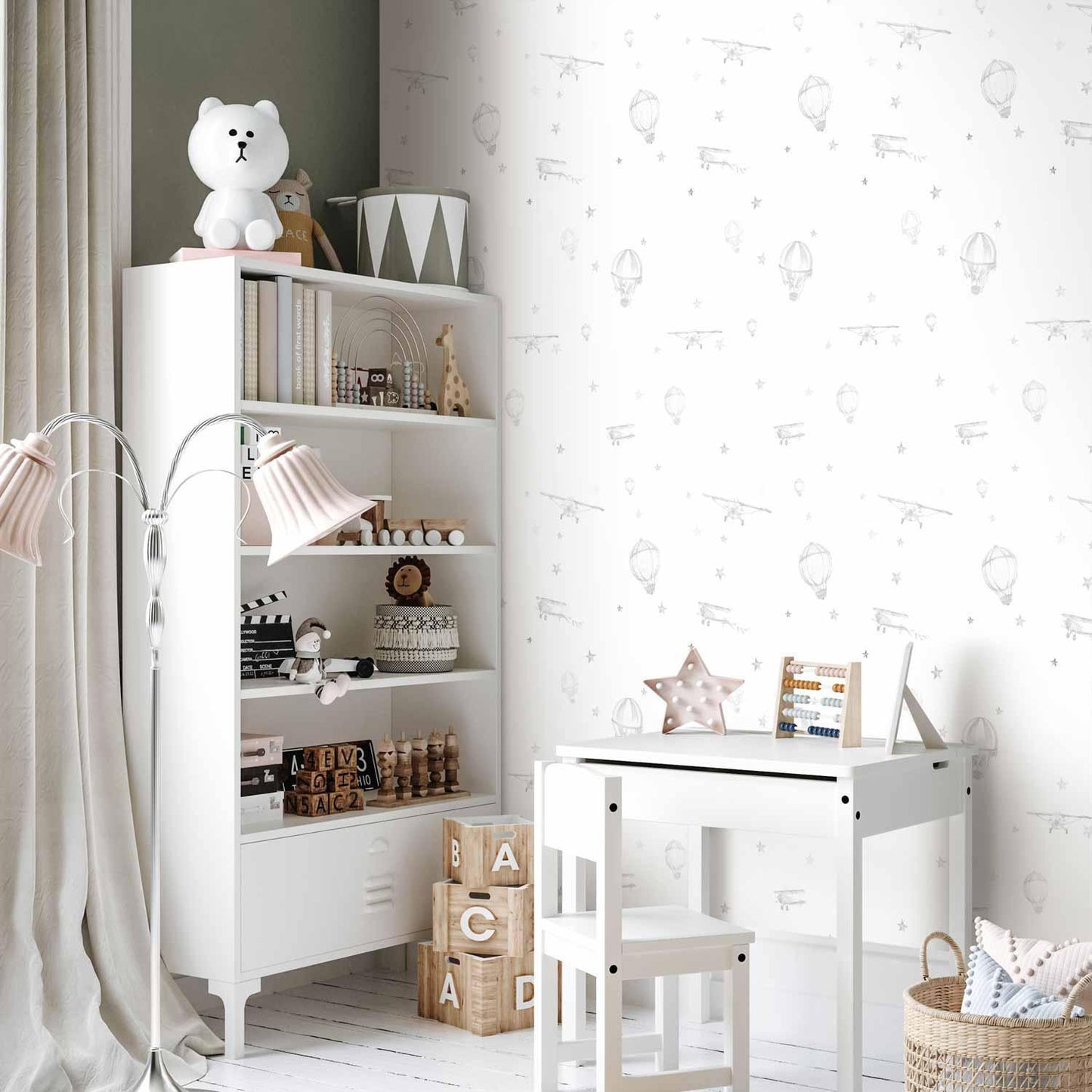 Tapete - Watercolor - Airplanes and balloons painted on a white sky background