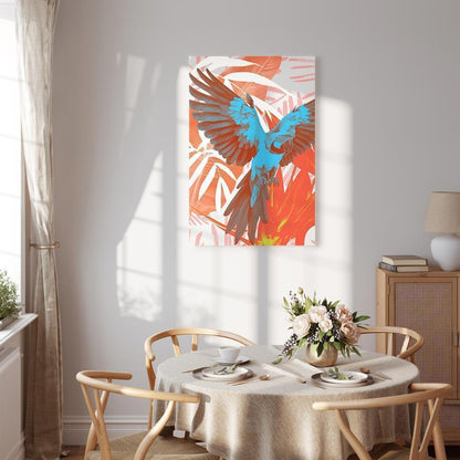 Leinwandbild - Exotic Wings - Parrot Among Abstract Leaf Patterns