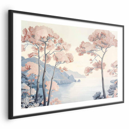 Poster - Ocean Cliffs and Trees Delicate Motif in Pastel Colors Artgeist