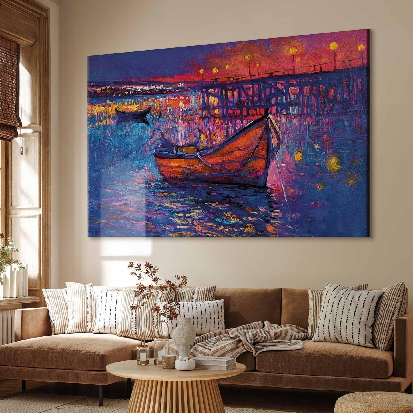 Wandbild XXL - Modern impressionism - night landscape of a lake with a floating boat