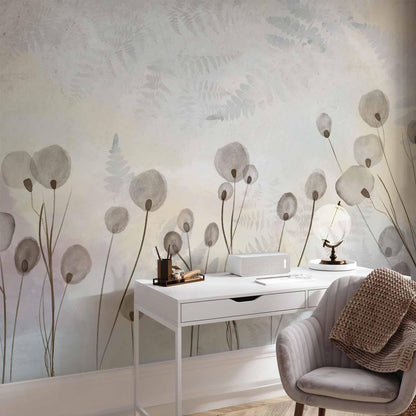 Fototapete - Minimalist meadow - floral motif in light shades with reflections
