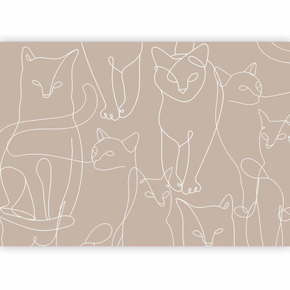 Fototapete - Cat lineart - minimalist sketches of white cats on beige background Artgeist
