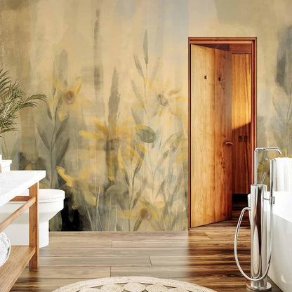 Fototapete - A touch of summer - floral motif with a meadow full of yellow flowers and grasses