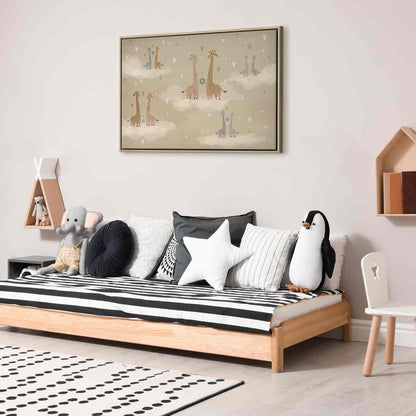 Leinwandbild - Love - Colorful Giraffes Floating on Clouds Among Hearts and Stars