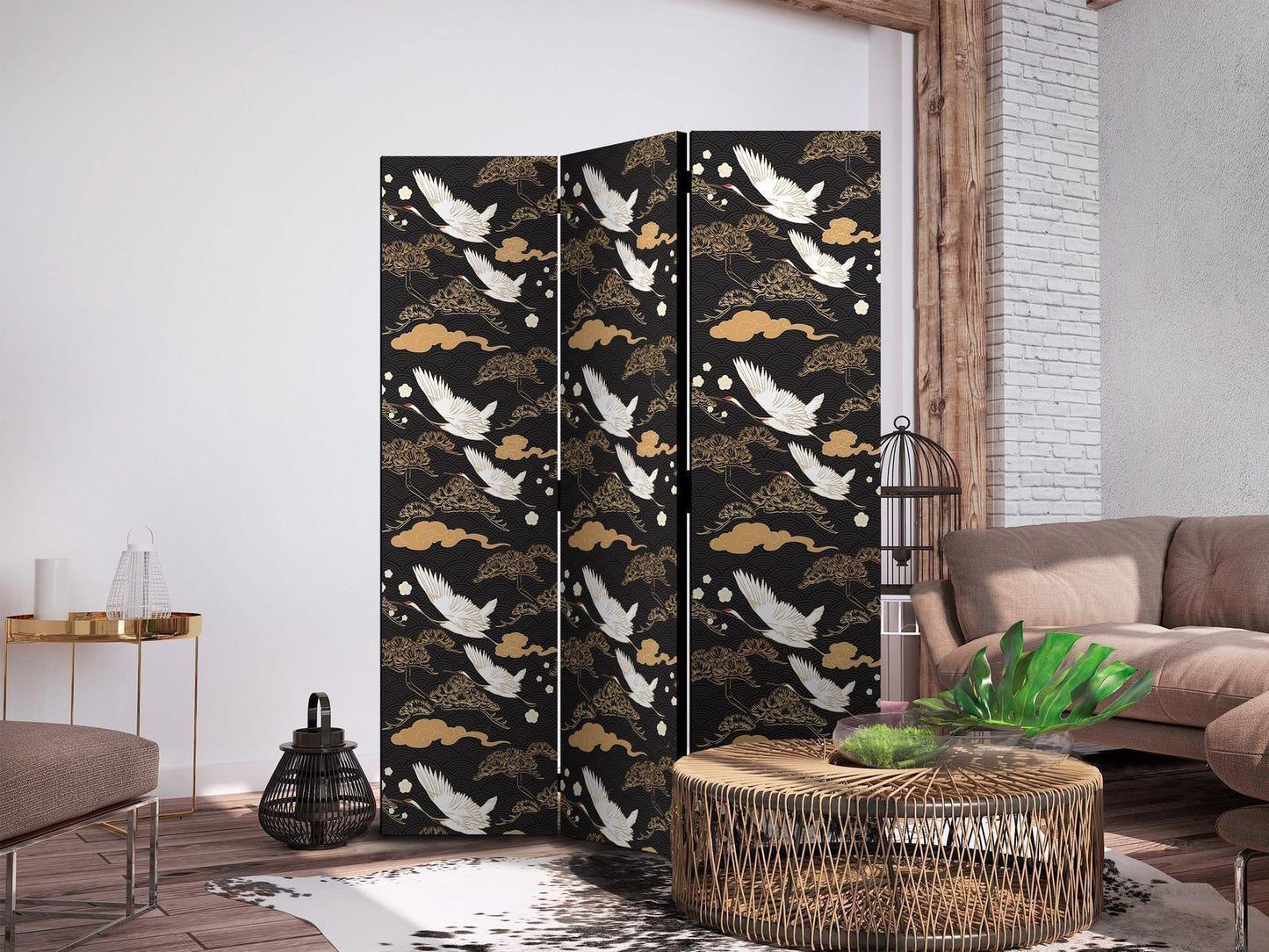 Paravent - Oriental impressions - decorative pattern with a motif of flying cranes on a dark background