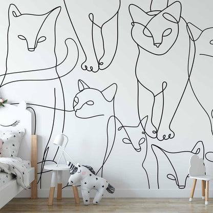 Fototapete - Cat lineart - minimalist sketches of black cats on white background