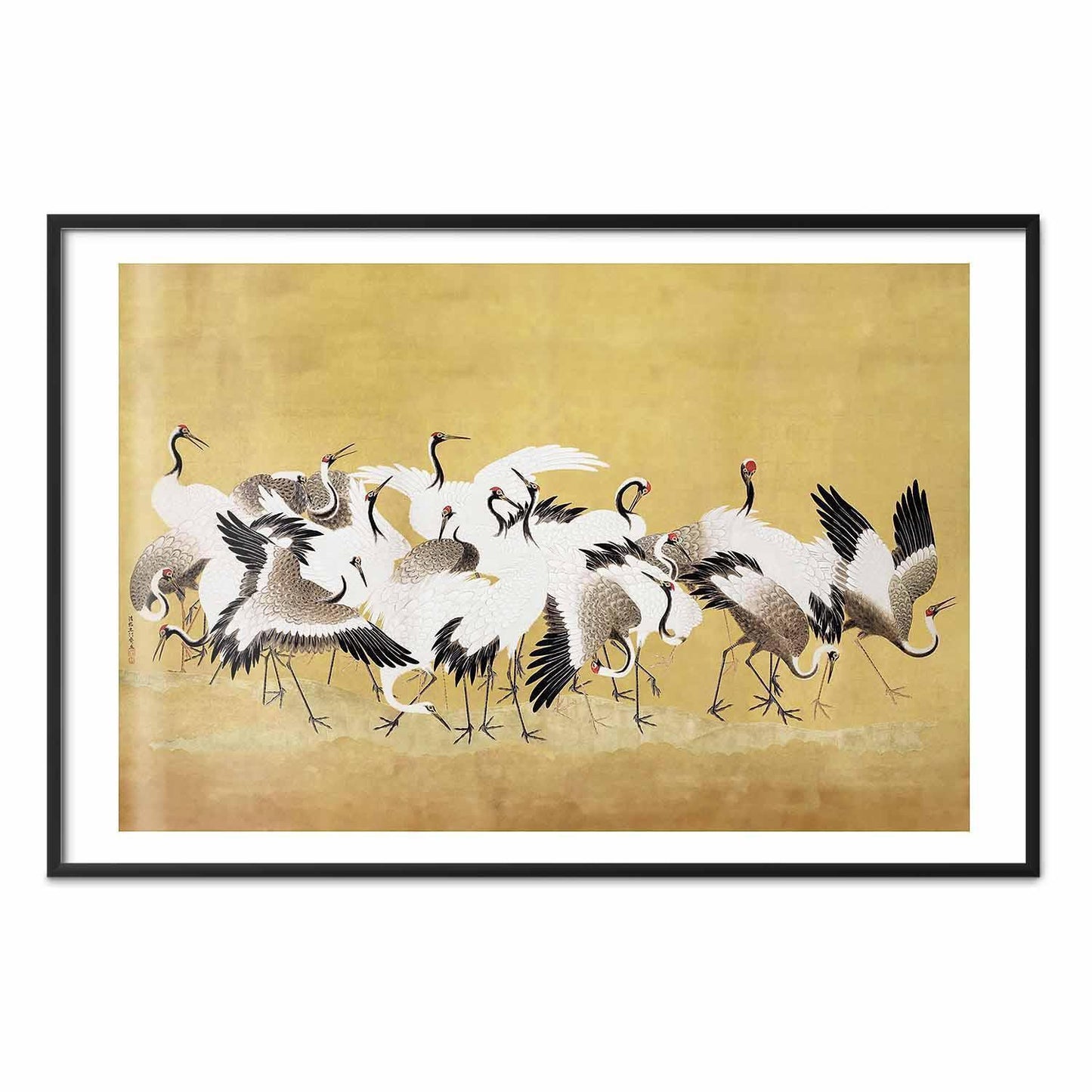 Poster - Japanese Cranes - a flock of birds against a golden background based on the painting of Ishida Yūtei
