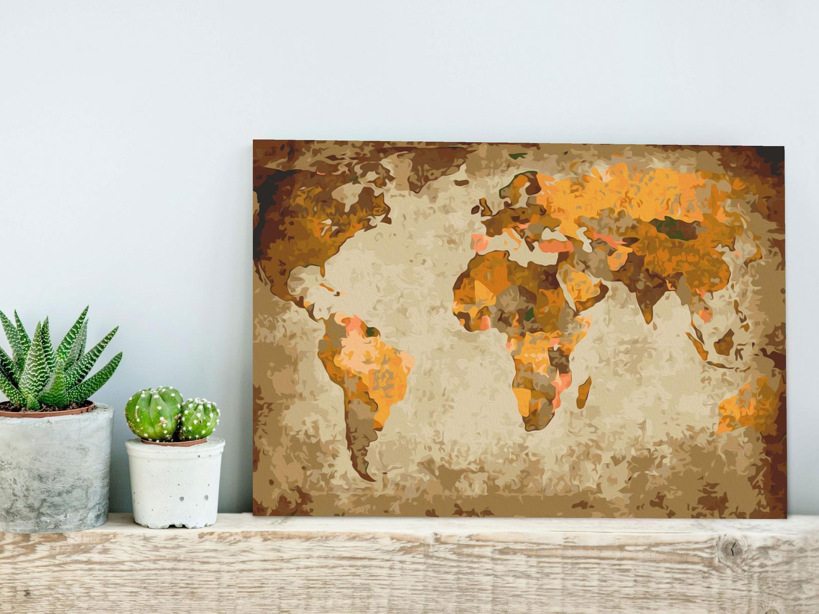 Elegante braune Weltkarte Wandbild zum Ausmalen mit Acrylfarben
