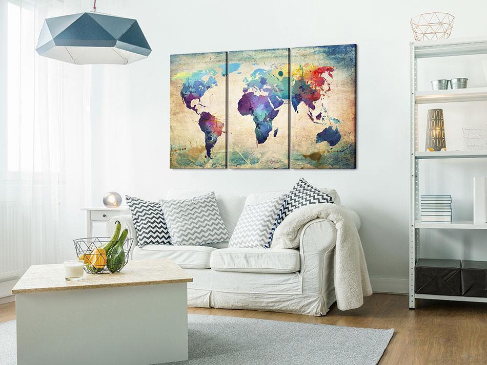 Leinwandbild „Rainbow Map“ – Bunte Weltkarte als dreiteiliges Wandbild