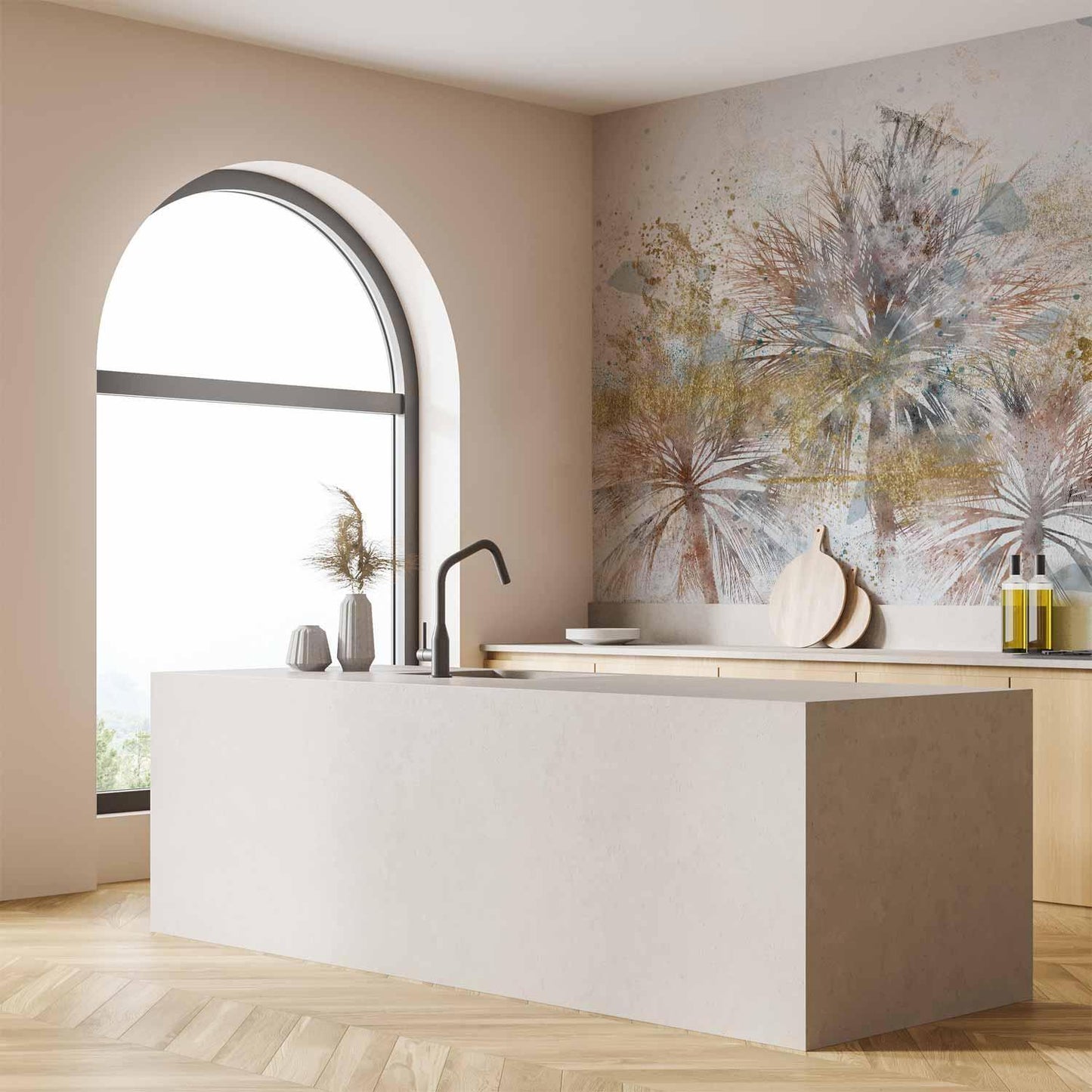 Fototapete - Grey palms - plant motif in an abstract composition with patterns