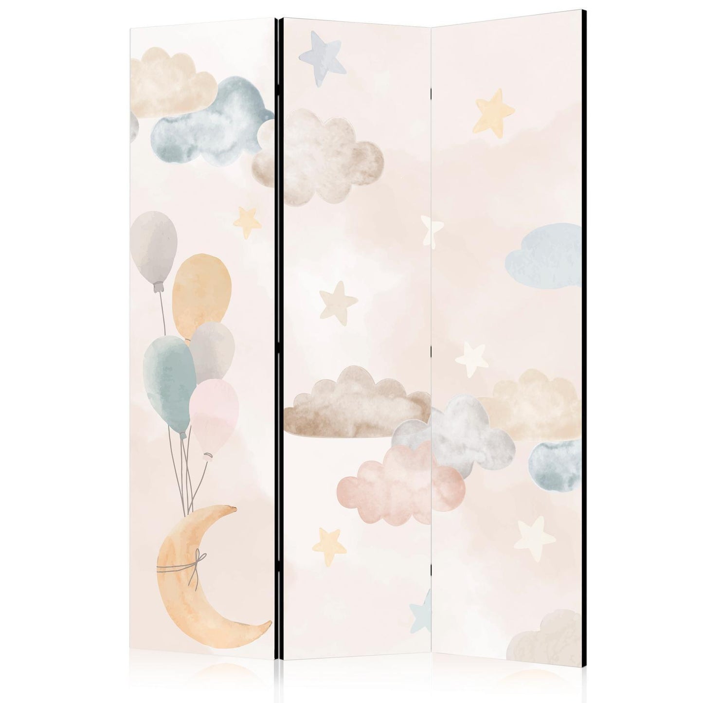 Paravent - Fairy-Tale Moon - Moon with Balloons Among Clouds and Stars in Subdued Colors on a Light Beige Background