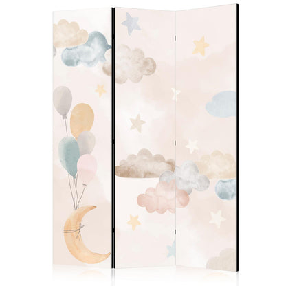 Paravent - Fairy-Tale Moon - Moon with Balloons Among Clouds and Stars in Subdued Colors on a Light Beige Background