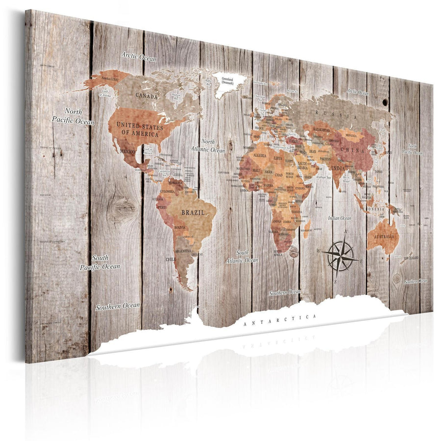 Leinwandbild - World Map: Wooden Stories Artgeist