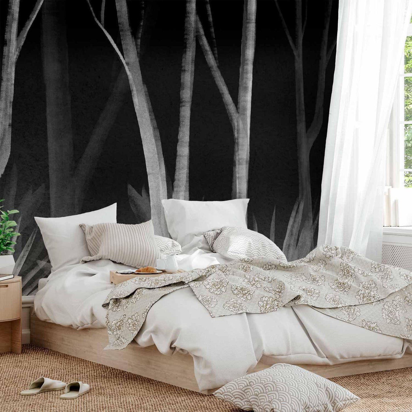 Fototapete - Noise of the forest at night - minimalist landscape of white trees on a black background