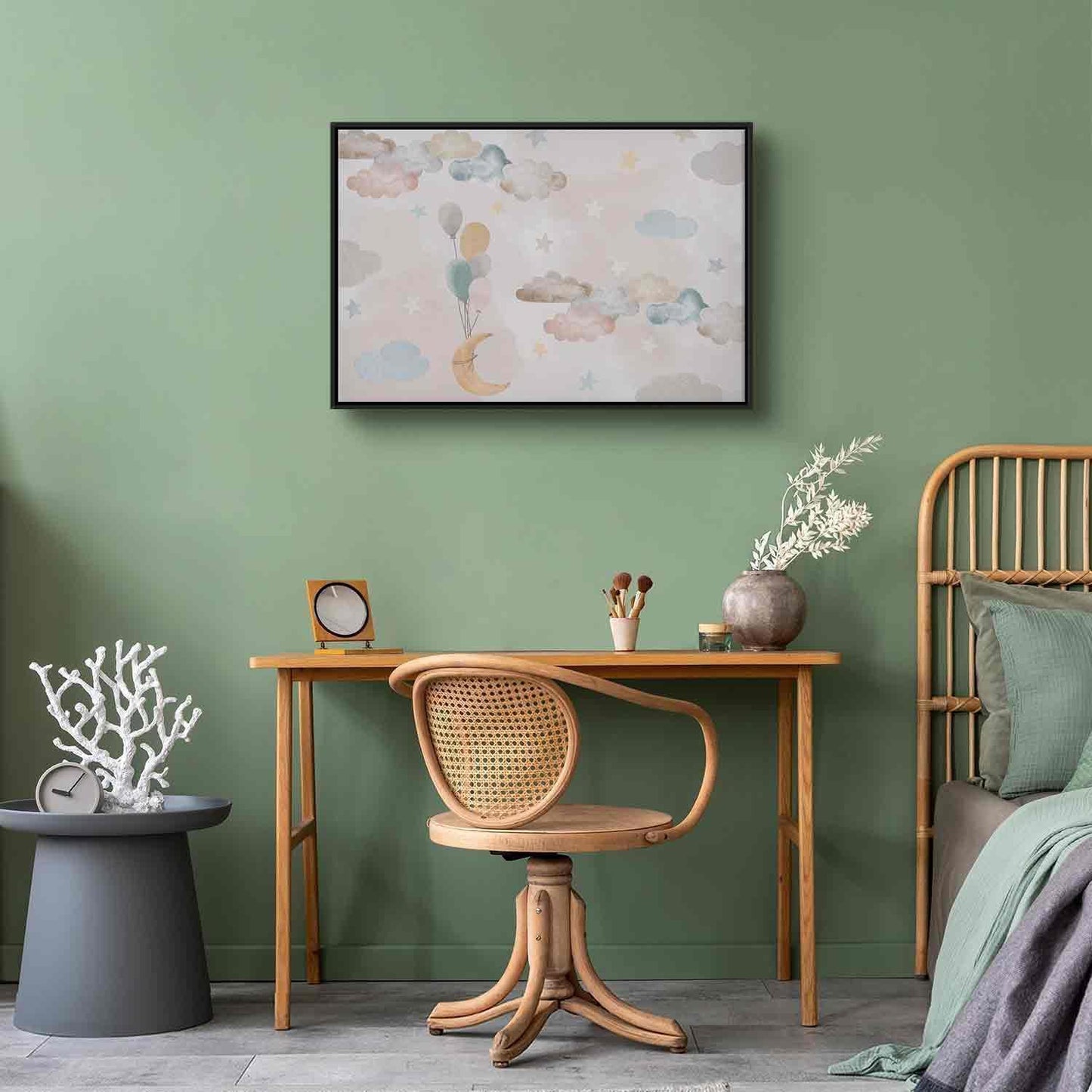 Leinwandbild - Fairy-Tale Moon - Pastel Moon with Balloons Among Colorful Clouds and Stars in Subdued Colors on a Light Background