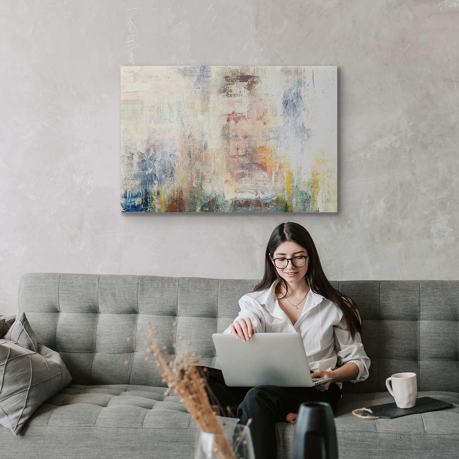 Canvas art titled "Nebula of Thoughts" in a modern living room setting.