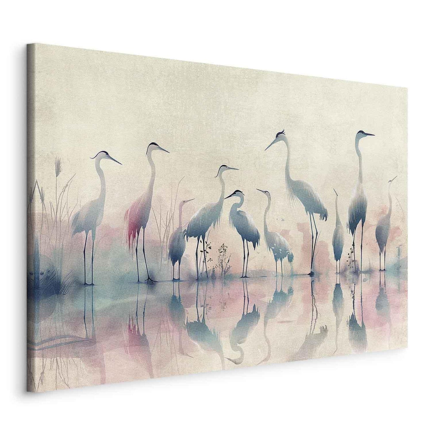 Leinwandbild - Birds by the lake - herons painted in watercolour in delicate grey and pink colours