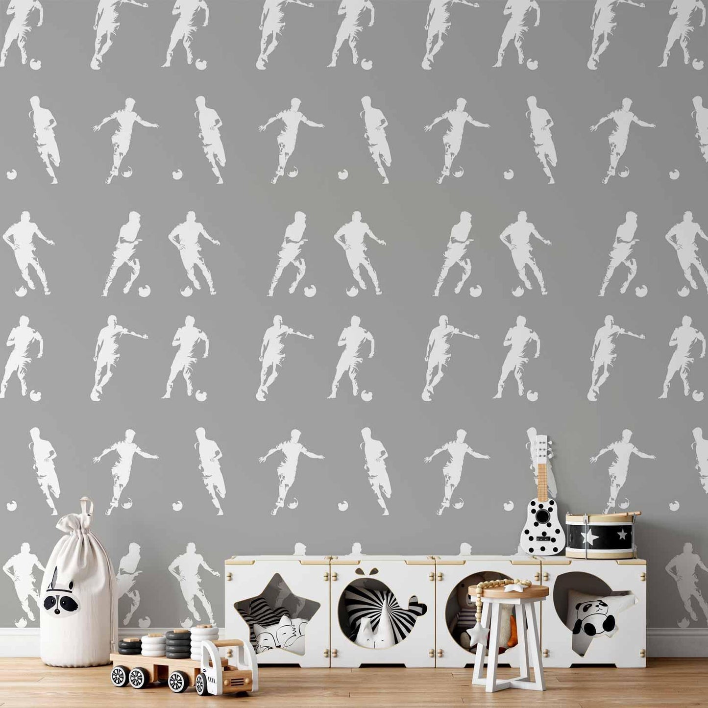 Tapete - Sports Silhouettes - Dynamic figures of soccer players on a gray background