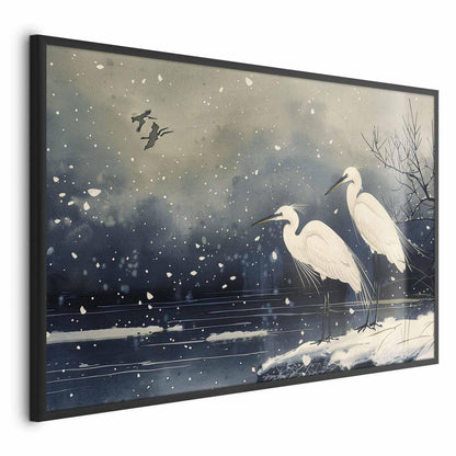 Poster - Herons over a Winter Pond - illustration in the Japanese style in dark colors Artgeist