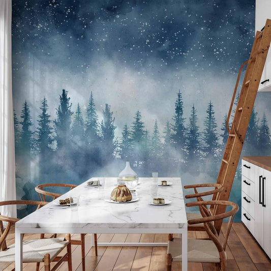 Fototapete - Nachtlandschaft - eines nebligen Waldes mit Sternenhimmel Artgeist