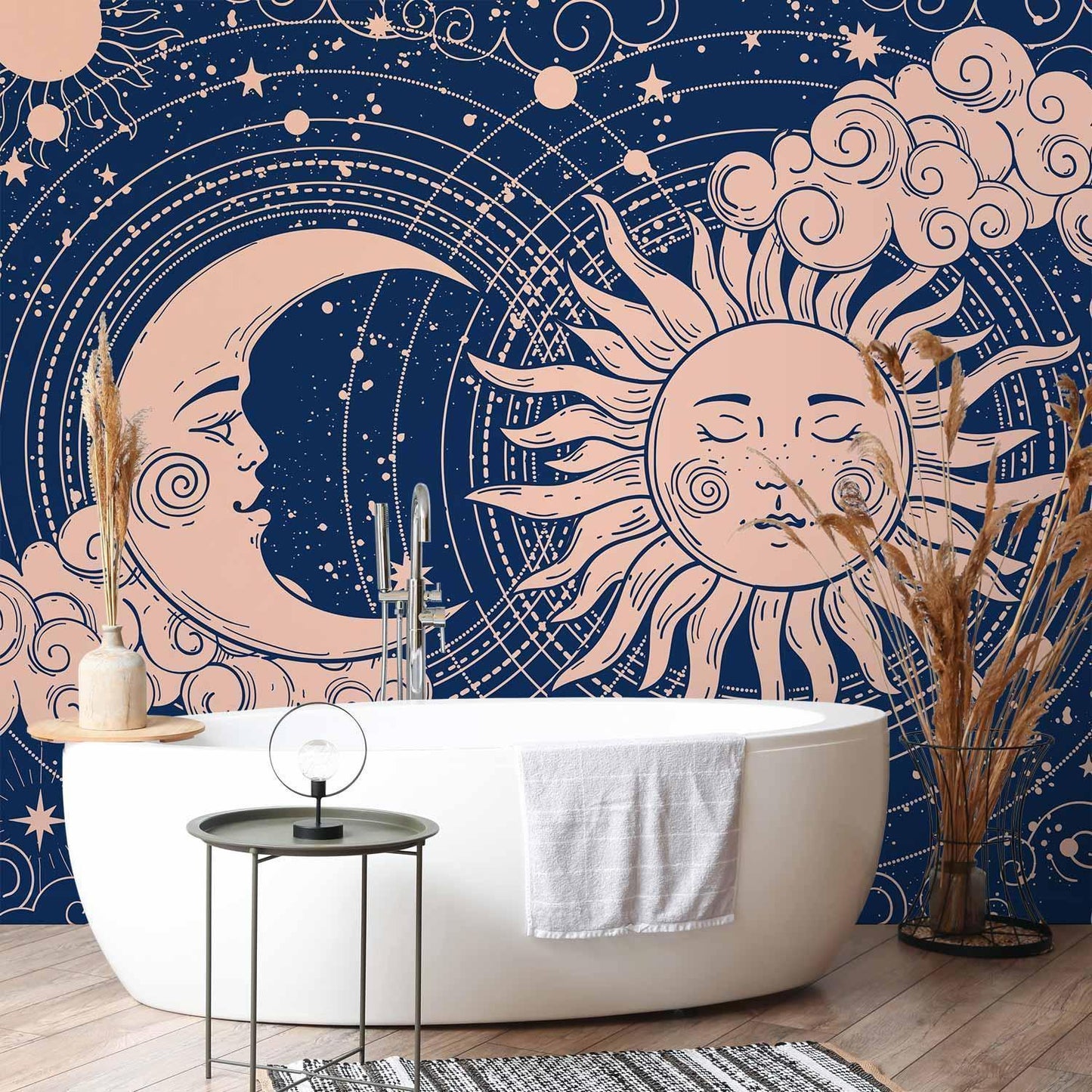 Fototapete - Cosmic Harmony - Illustration of the Sun and Moon on a Navy Background