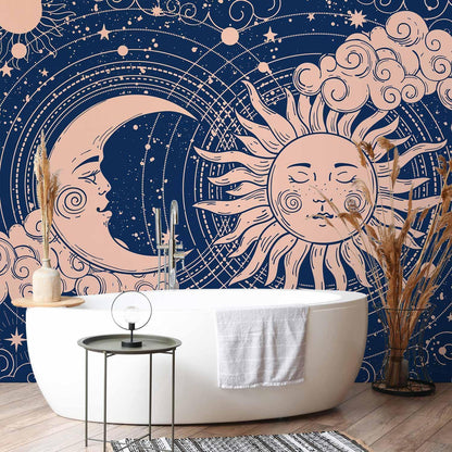 Fototapete - Cosmic Harmony - Illustration of the Sun and Moon on a Navy Background