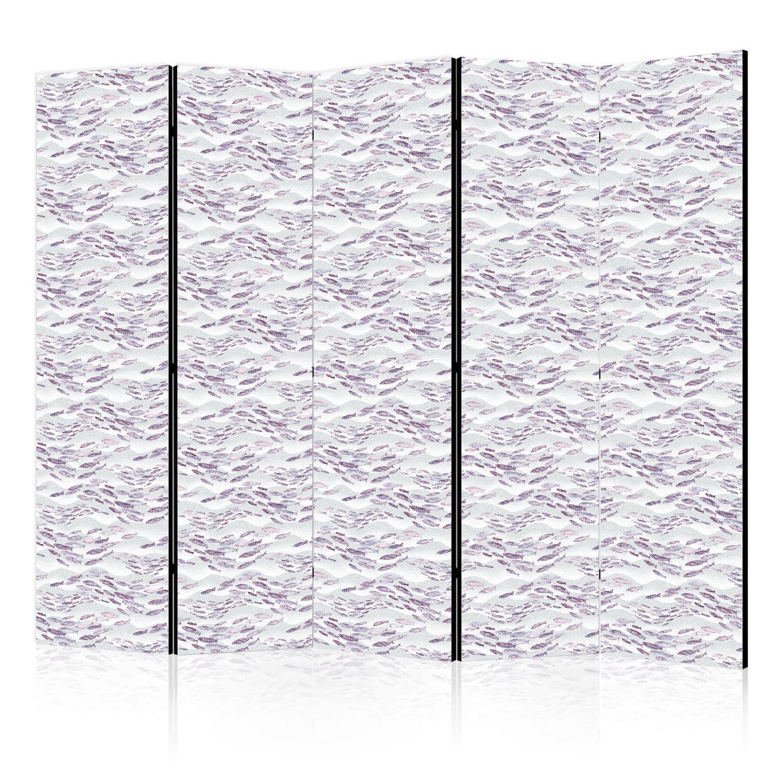 Paravent - Fish in Muted Colors - a School of Small Fishes in Light Purple And Delicate Pink Against Grey Waves Artgeist