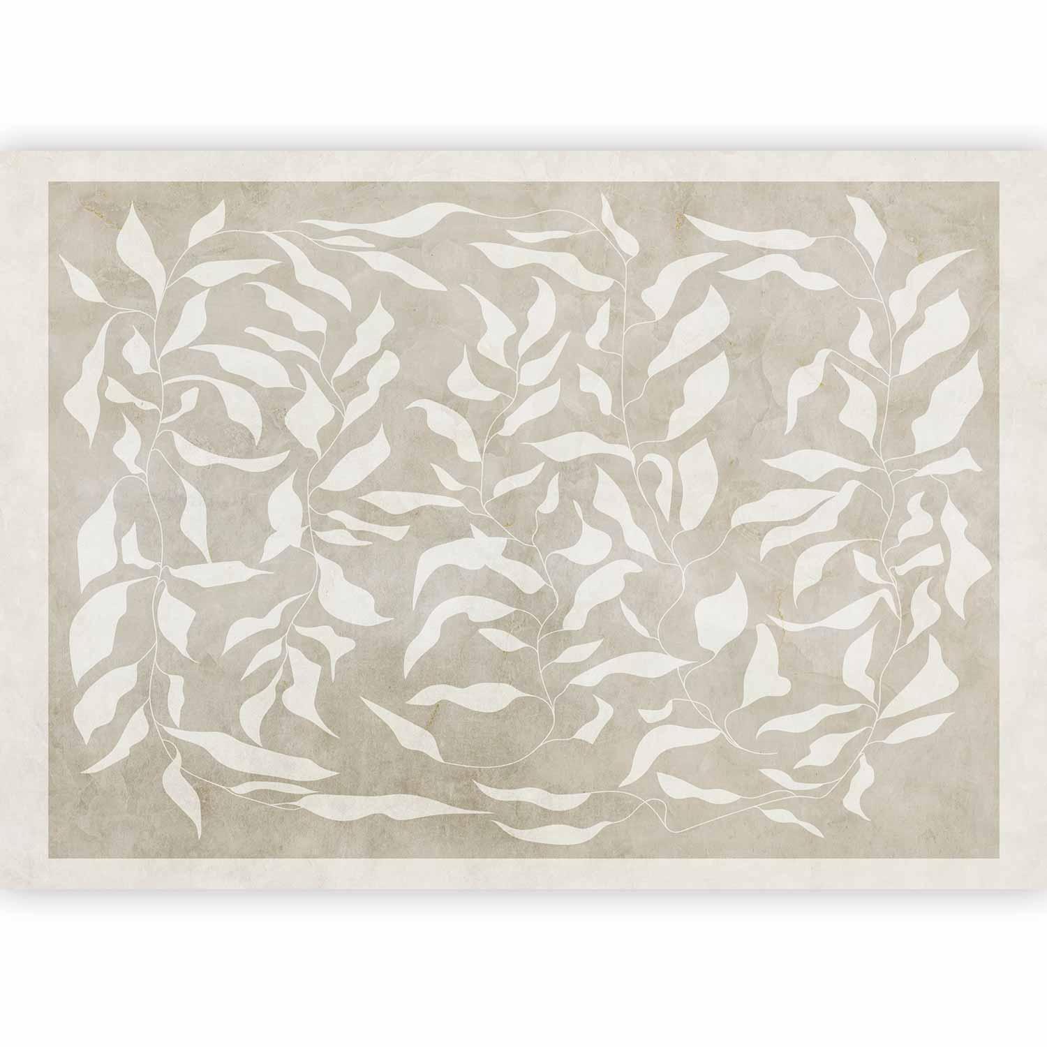 Fototapete - White leaves - abstract plant motif on beige background with frame Artgeist