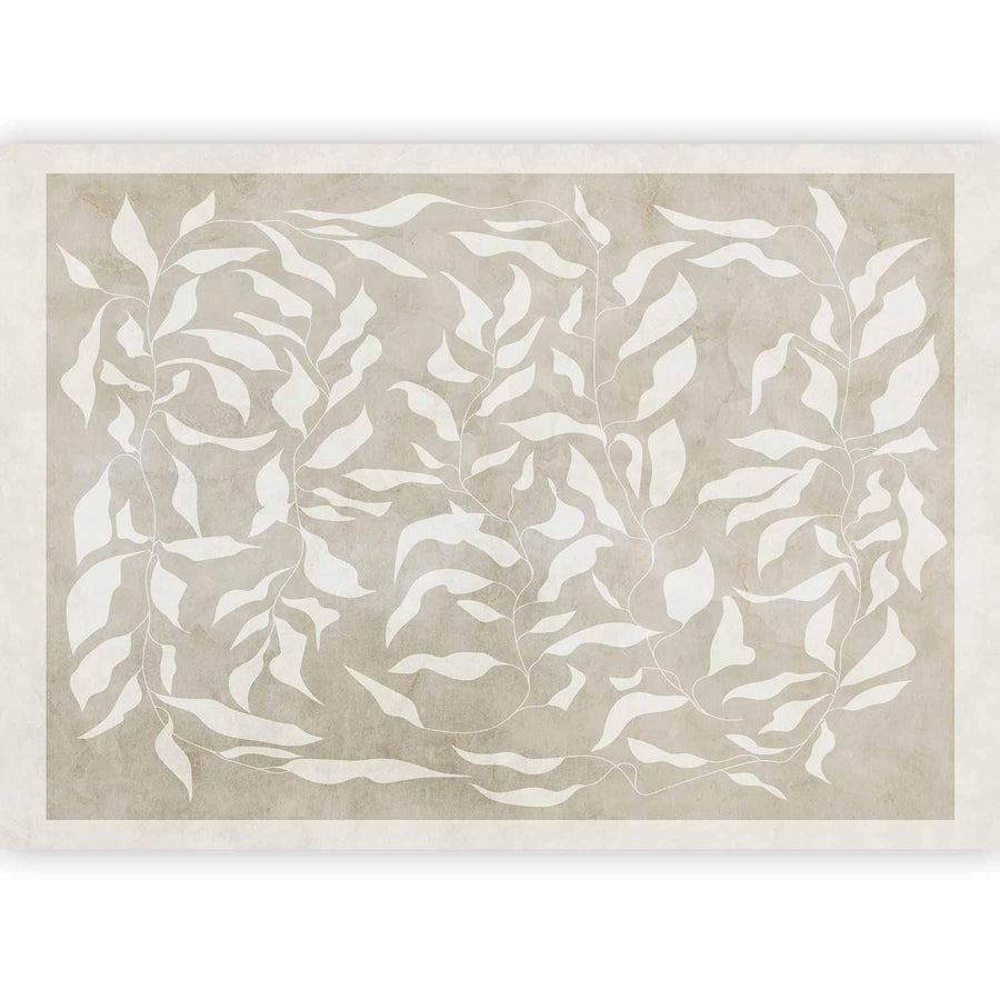 Fototapete - White leaves - abstract plant motif on beige background with frame Artgeist