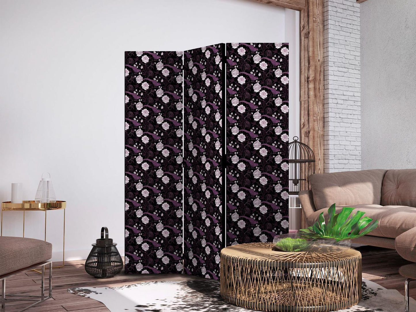 Paravent - Birds Among Flowers - Pheasants Amidst Peonies - Purple Artgeist